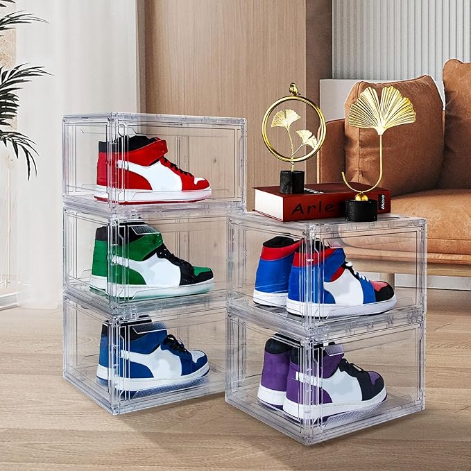 Upgraded 12 Pack Shoe Box,Acrylic Clear Shoe Boxes,Drop Front Shoe Storage Box,Clear Plastic Stackable Sneaker Box,Shoe Containers,Shoe Display Case,Sneaker Storage,Fits Up to Size 15