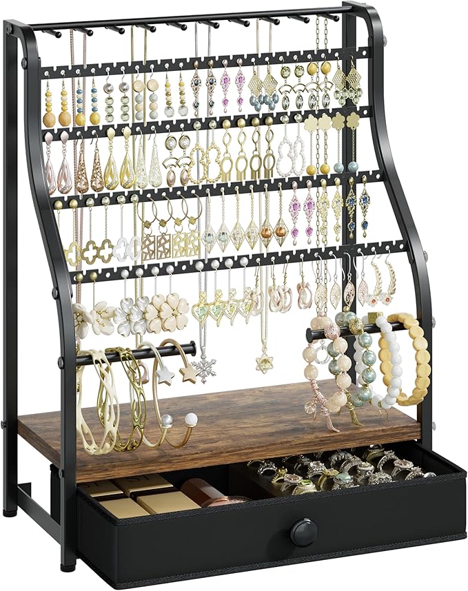 SWTYMIKI Earring Holder Organizer - Jewelry Organizer Stand with Necklace Hooks, Watch Rods, Nonwoven Drawer, Large Capacity Jewelry Display for Stud Earring Bracelet Necklace Ring, Espresso