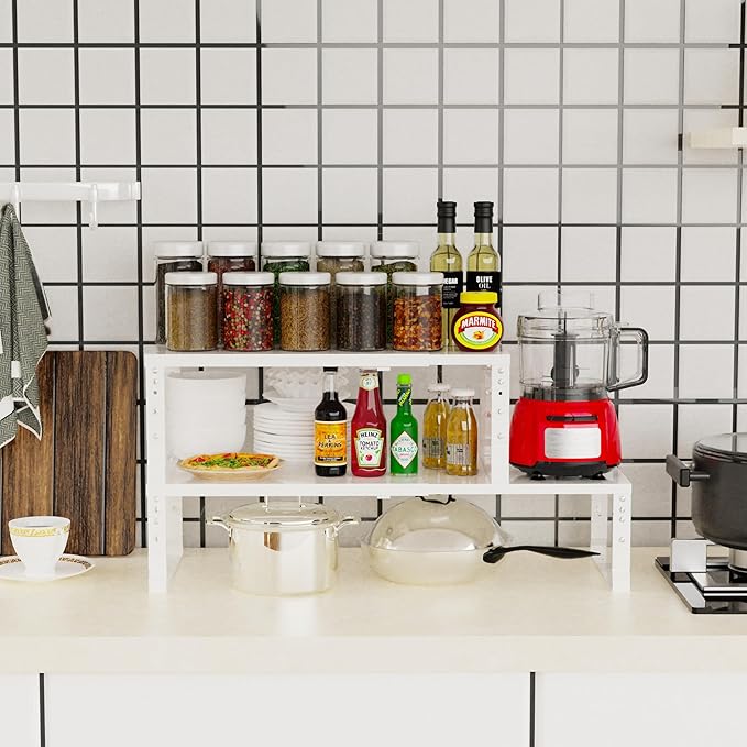 Expandable Stackable Spice Rack Organizer for Kitchen Cabinet,Adjustable Counter Shelf, countertop, Pantry,Cupboard,Bathroom,Bedroom(1Pack/White/Medium)