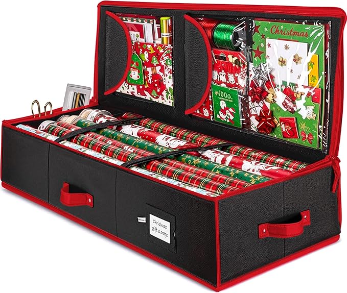 ZOBER Gift Wrapping Paper Organizer Storage - 40" Gift Wrap Storage Containers with Interior Pockets for Bows, Tags & Ribbons - Wrapping Paper Holder, 600D Oxford, Fits 24 Standard Rolls, Black/Red