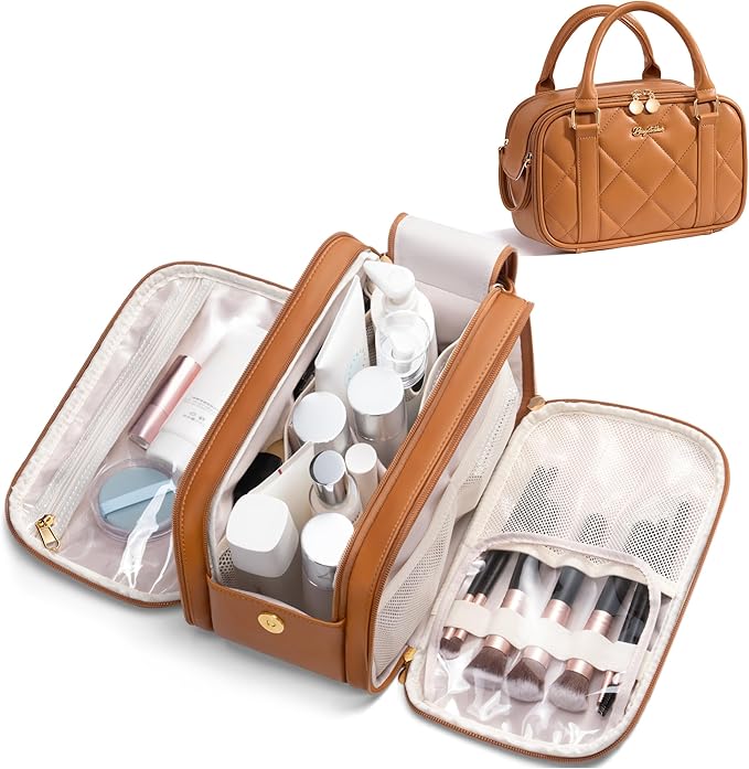 Travel Makeup Bag, Large Capacity Quilted Toiletry Bag for Women Stand-up Cosmetic Bag Open Flat Make Up Case Organizer Portable Pouch Purse w/Handle for Traveling Accessories, Brown