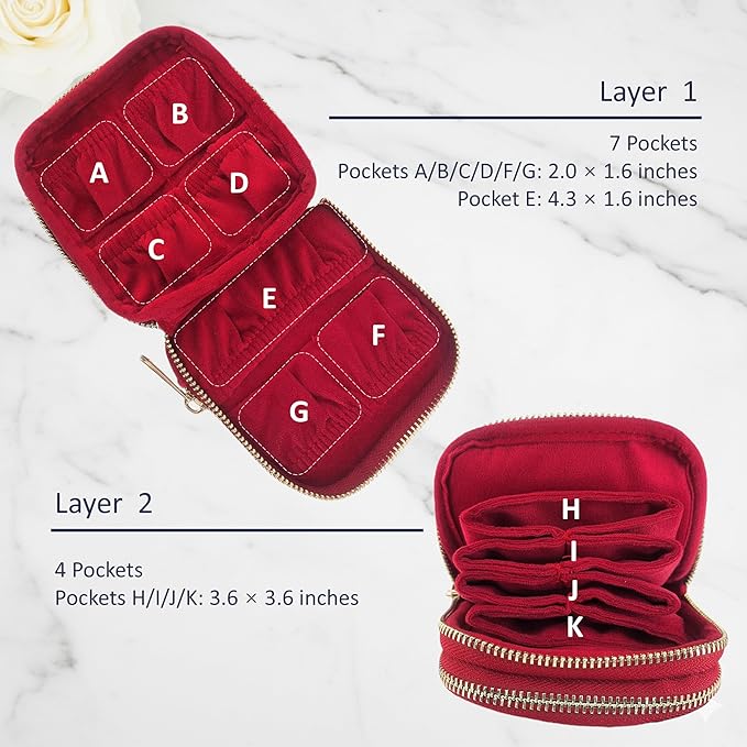 Travel Jewelry Organizer Case, Lisse Velvet 2-Layer Pouch, 11-Pocket for Necklaces, Bracelets, Earrings & Rings, Anti-Tangle Scratch-Resistant Small Jewelry Bag, Elegant Gift (Cherry Red)