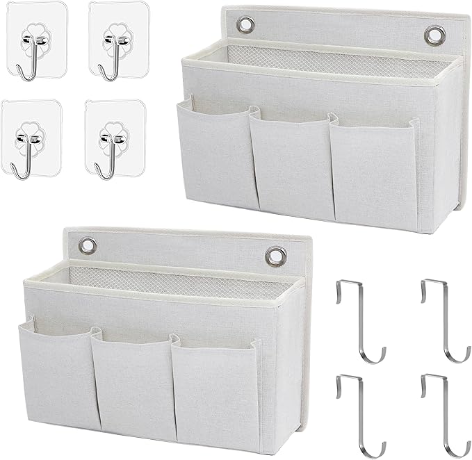 2-Pack Wall Hanging Organizer Bag/Hanging Baskets with Large Mesh Compartment & 3 Pockets，Over the Door Organizer Space Saving Storage for Bedroom,RV Camper, Closet (White-2 Pack)