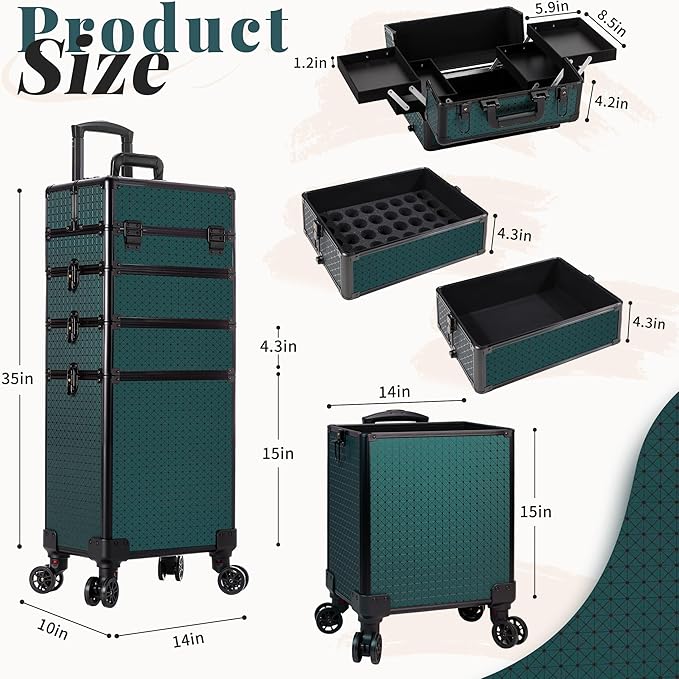 AROUS Rolling Makeup Train Case 4 in 1 Cosmetology Case on Wheels Large Storage Cosmetic Trolley with Key Salon Barber Case Traveling Cart Trunk, Green
