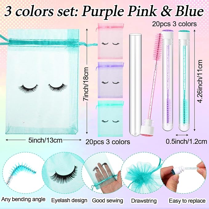 Zhehao 80 Pcs Lash Shampoo Bottle Brushes Kit 20 Foam Pump Dispensers 20 Lash Shampoo Brushes 20 Eyelash Aftercare Bag 20 Cleaning Pipes, Eyelash Extension Supplies (Mixed Colors)