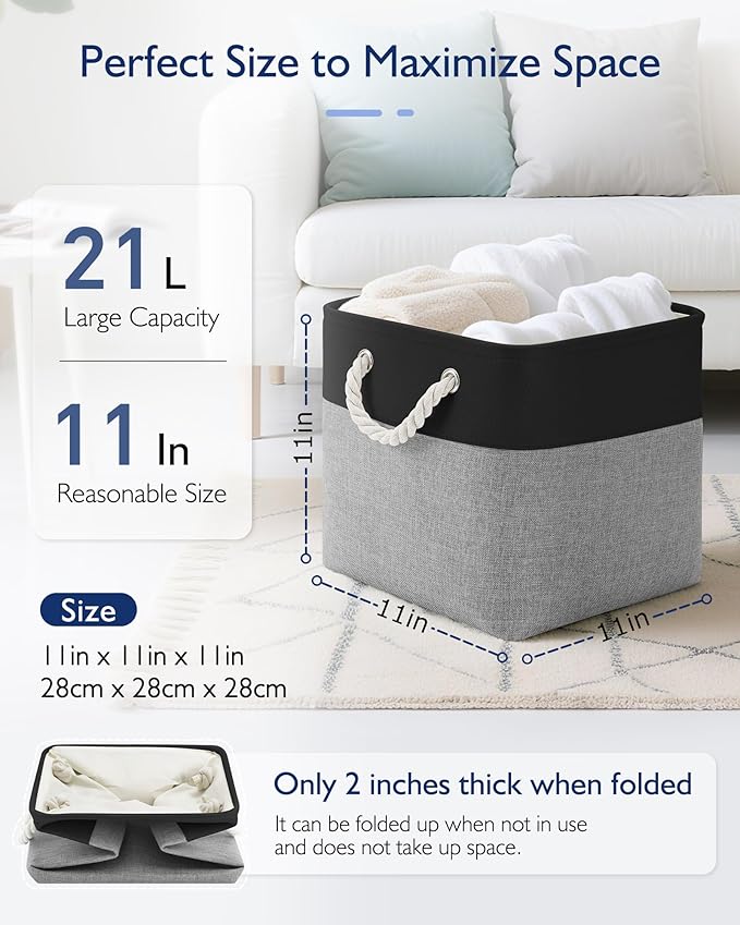 11 Inch Storage Cubes 4-Pack, Foldable Fabric Organizer Bins with Rope Handles, Cube Storage Baskets for Closet Shelves and Home Organization(Dark/Gray)