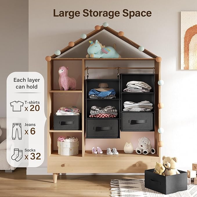 Pipishell 6-Shelf Hanging Closet Organizer with 2 Separable 3-Tier Shelves, 3 Drawers & Side Pockets Closet Organizers and Storage for Wardrobe Organization and Nursery Clothes Organizer, Black