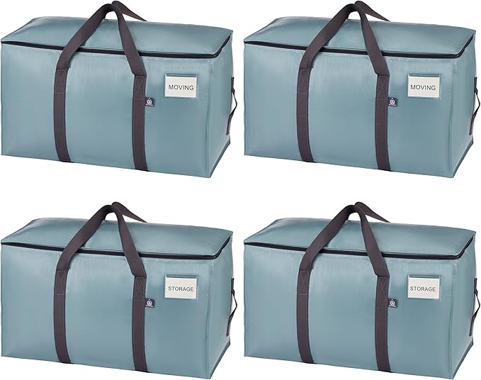 VENO 4 Pack Moving Bags, Upgraded Heavy Duty, Moving Boxes Alternative, Packing Storage Supplies for Dorm Room Essentials with Zipper for Clothes, Large Totes for Packaging (Light Blue, 4 Pack)