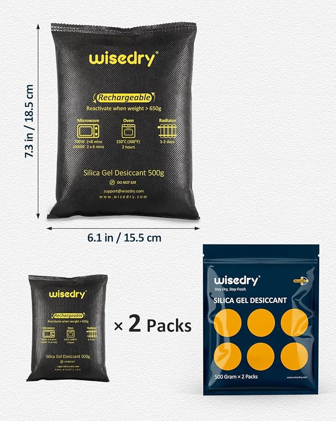 wisedry 2 x 500 Gram [2.2 lbs] Rechargeable Silica Gel Car Dehumidifier, Microwave Fast Reactivated Desiccant Packets Large for Gun Safe Closet Basement Garage Storage Moisture Absorber Bag Reusable