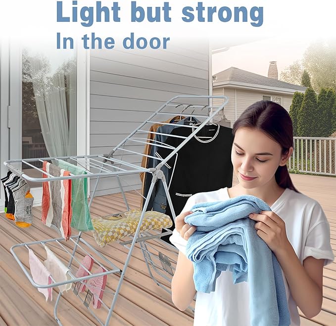 Clothes Drying Rack, Foldable 2-Level Laundry Racks for Drying Clothes Rack,Stainless Steel Drying Rack Clothing Collapsible for Indoor Outdoor,with Height-Adjustable Wings,Gray