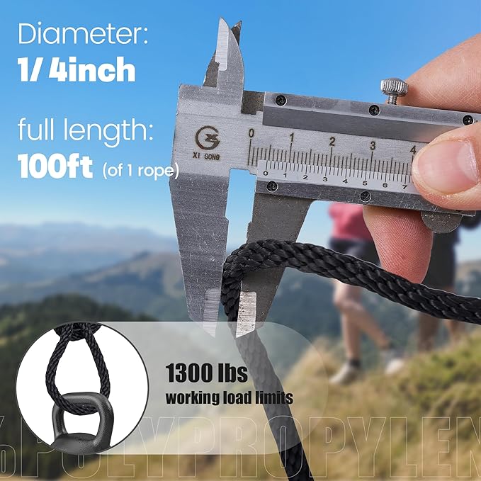 1/4 Inch 100 ft Braided Polypropylene Rope, High Strength Utility Cord for Boat Marine Camping and Flag Pole, Indoor and Outdoor Use, Black, 2Pack