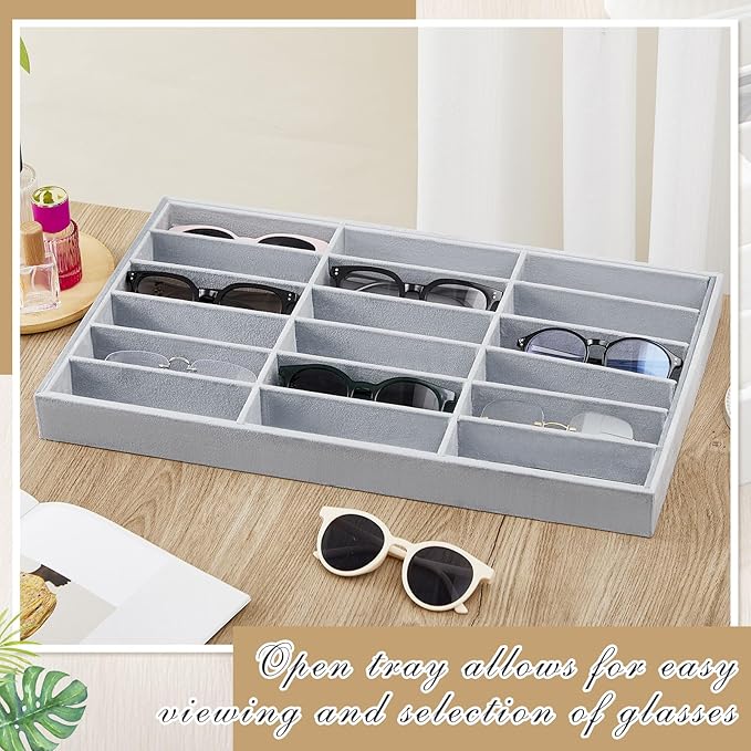 Amylove 2 Pcs Sunglass Organizer Trays Glasses Stackable Jewelry Trays Sunglass Organizer Display Box(18 Grids,Gray)