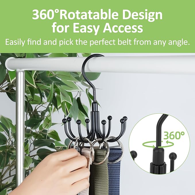 Belt Hanger, Rotatable Belt Organizer for Closet, Accessories Rack, Space Saving Hanging Holder Storage Hook for Belt, Tie, Scarf, Purse, Bra, Tank Top, Black