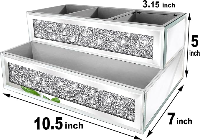 Mirror Hair Dryer Holder Upgrade Crystal Crush Diamond Hair Tool Organizer Wall Mount. Silver Bathroom Cabinet Tray for Blow Dryers, Hairdryer Straightener, Makeup,Brushes .(10.5”x7”x5”)