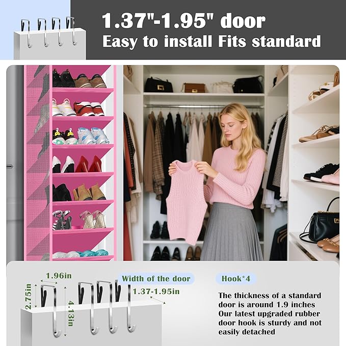 10 - Pocket Over - the - Door Hanging Shoe Organizers & Rack, Made of Sturdy 600D Oxford + Non - Woven Fabric, Space - Saving Storage for Shoes, Boots & More (Pink)
