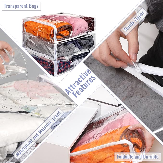6 Packs Clear Zippered Storage Bags Sweater Moth Bags Plastic Storage for Blankets Clothes Bed Sheet Organizer with Zipper for Closet Linen Sweater Bed Sheet Clothes Pillow(16 x 14 x 4 Inch)