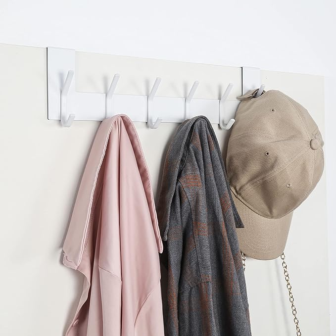 SKOLOO Over The Door Hook - for Doors up to 1-3/4'' Thickness, White, No Assembly Required, Stainless Steel, Door Coat Rack for Entryway & Bathroom Hanging Coats, Backpack, Robes, Towels, Pack of 2
