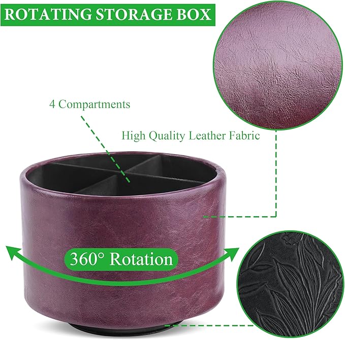 Hennaja Round Leather Art Supply Organizer,Remote Control Holder,360 Degree Spinning,Multi-Functional Pencil Holder,4 Compartments Desktop Stationary Organizer(1-Oil Brown)