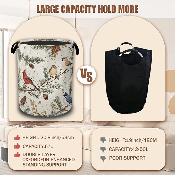 Blue Bird Cardinal Pine Laundry Baskets,Laundry Hamper,Storage Basket with Handles for Bathroom Bedroom College Dormitory Living Room Nursery Organizer 16"x20.8"