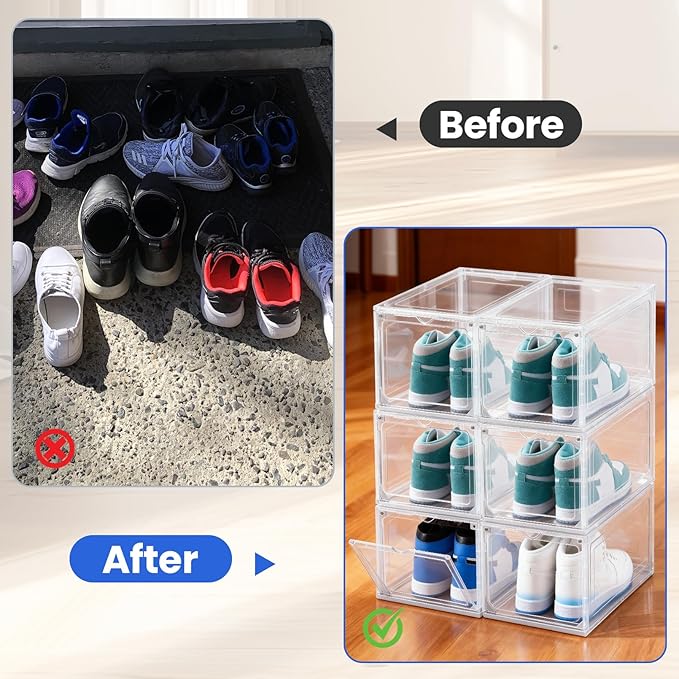 6Pack Shoe Storage Boxes, Shoe Boxes Clear Plastic Stackable, Shoes Storage Organizer with Magnetic Door, Thicken & Sturdy Shoes Organizer for Closet Sneaker Boot Container, 13.4x10.5x7.3 inch