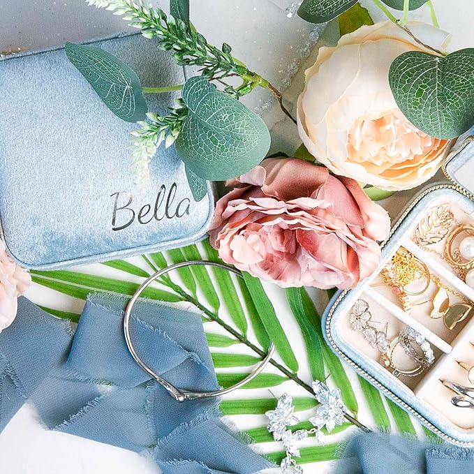 Customizable Compact Velvet Jewelry Box with Mirror, Travel Jewelry Case, Travel Jewelry Organizer, Jewelry Box for Women and Girls, Small Jewelry Organizer (Bottom Right Text, Powder Blue)