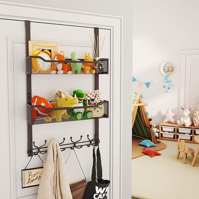 SWTYMIKI Over The Door Hooks Organizer - Multi-Functional Door Hanger with 16 Hooks & 2 Mesh Baskets, Long Coat Rack for Bathroom, Bedroom, Living Room, Home Storage Organizer, Bronze