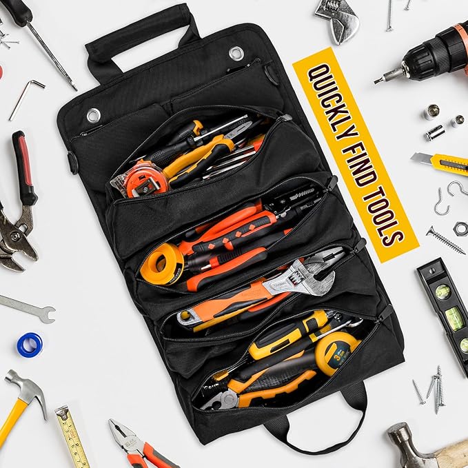 Tool Bag, Tool Bags for Men, Heavy Duty Tool Organizer, Portable Roll Up Tool Bag Gifts For Him, Mechanic, Electrician and Hobbyist, Car Tool Roll Organizer - Black