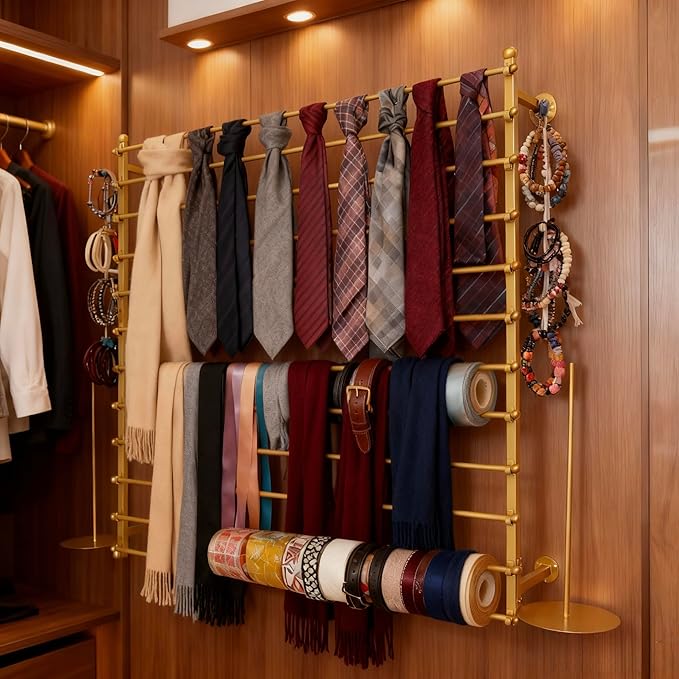 12 Layers 120cm Gold Wall Display Stand Wrapping Paper Ribbon Organizer Holder Storage Scarf Tie Belt Towel Spool Sewing Tool Hijab Metal Shelving for Home, Retail Stores, Flower Shop, Studio