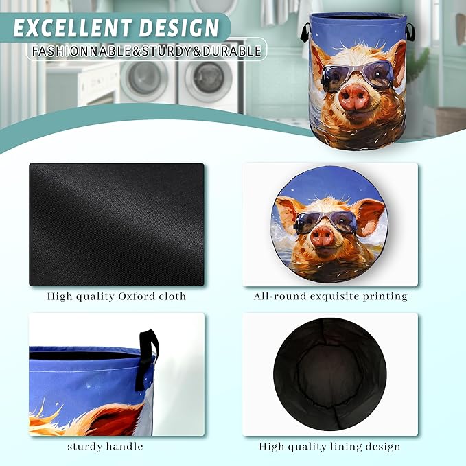 Funny Pig Laundry Hamper Foldable With Handles Summer Pigs Tote Bag Universal Oxford Cloth Animal Laundry Basket Clothes Toy Storage Bucket 18.9" x 16.5" For Bathroom/Laundry/Bedroom