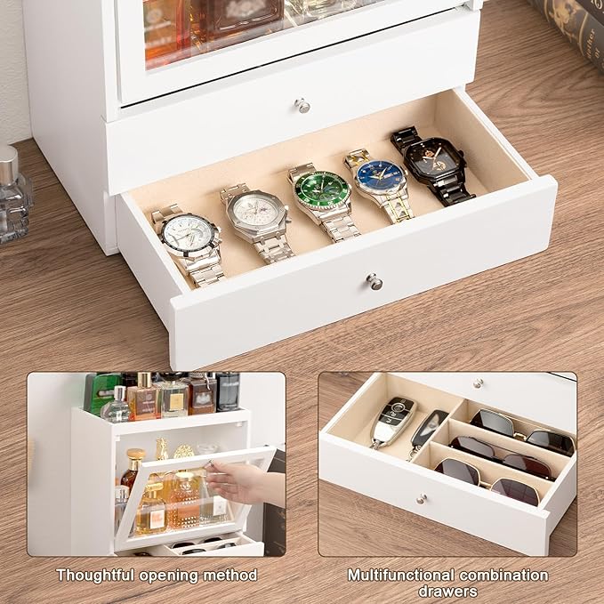Emfogo Cologne Organizer, 4 Tier Vertical Wood Perfume Stand for Men, Large Capacity Dustproof Perfumes Organizer Cologne Stand with Double Drawer Storage, Gift for Loved ones (White)