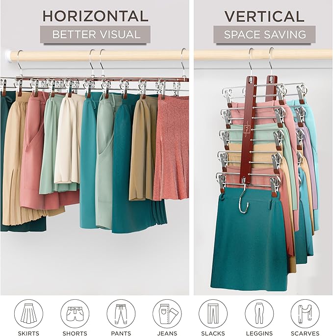 MORALVE Skirt Hangers Space Saving with Clips - 2 Pack - European Beechwood 5-Tier Hanger for Shorts, Skirts, and Pants - Closet Organizer and Storage Solution for Women with 360° Swivel Hook