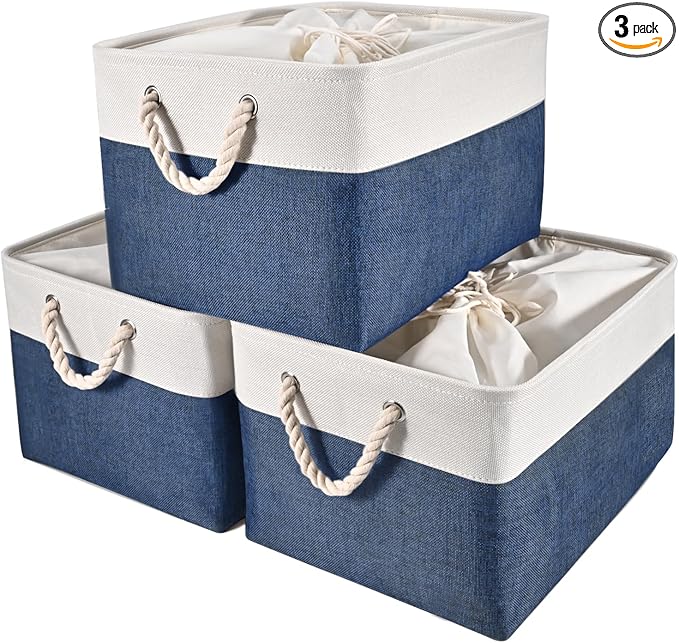 HOdo Home 3PCS Storage Bins, Fabric Bin with Drawstring Closure and 2 Bold Handles, Collapsible Large Canvas Baskets for Organizing Shelf Nursery Home Closet (15.8×11.8×9.5 In, White and Navy)