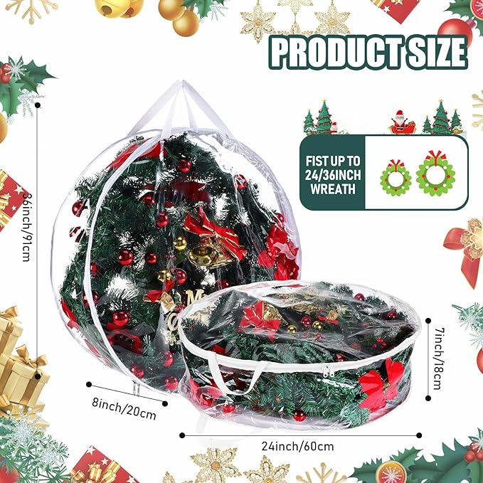 Zhengmy 2 Pcs Christmas Wreath Storage Bags Transparent Wreath Storage Container Wreaths Box with Dual Zippers and Handles for Xmas Holiday Wreaths Garland (24 Inch, 36 Inch)