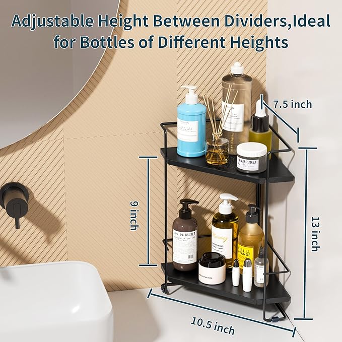 Bathroom Organizer Countertop, 2-Tier Bathroom Organizers and Storage for Bathroom Countertop, Kitchen Counter, Corner Storage Shelf for Storage, Skincare, Perfume, Makeup (Black)