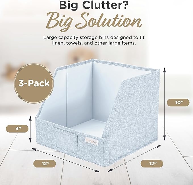 Trapezoid Storage Bins – 12"x12"x10"x 4" Closet Shelf Organizer & Baskets, Fabric Storage Baskets, Collapsible Organizer Boxes for Towels, Baby Clothes, Spring Wardrobes – Light Blue, 3 Pack