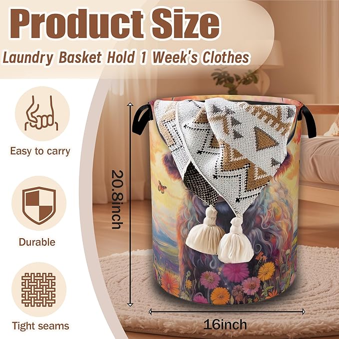 Highland Cow Laundry Basket,oil Painting Laundry Hamper Waterproof Oxford Cloth Tote Collapsible,Clothes Storage Bucket Decorative Toy Organizer For Bathroom Bedroom 16" x 20.8"