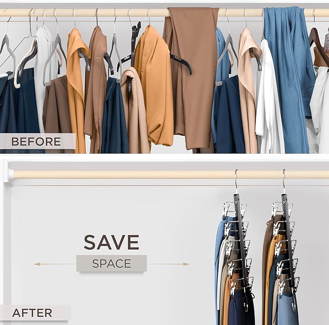 MORALVE Skirt Hangers Space Saving with Clips - 2 Pack - European Beechwood 5-Tier Hanger for Shorts, Skirts, and Pants - Closet Organizer and Storage Solution for Women with 360° Swivel Hook