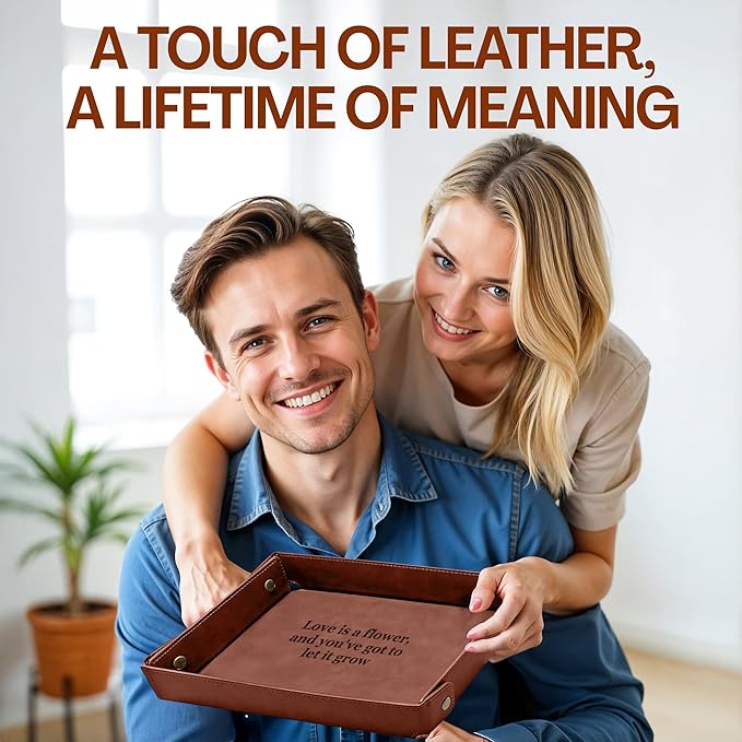 Engraved PU Leather Valet Tray – Personalized Light Coffee Catchall with Custom Name – Organizer for Keys, Wallet, Jewelry – Meaningful Gift for Couples, Home, Office