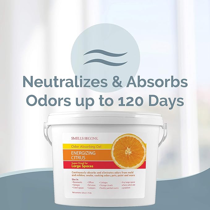 SMELLS BEGONE 1-Gallon Gel Odor Eliminator – High-Capacity, Long-Lasting Absorber for Large Basements, Garages, Workshops & Commercial Areas – Remove Tough Odor with Essential Oils (Energizing Citrus)
