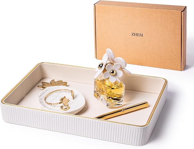 ZHEM Catch All Trays for Jewelry| Small Leather Valet Tray| Key Bowl for Entryway Table EDC Trinket Tray Catch All| Perfume Trays for Dresser Organizer Perfume Holder (White 8"x8"x1.8" 2 Pack)
