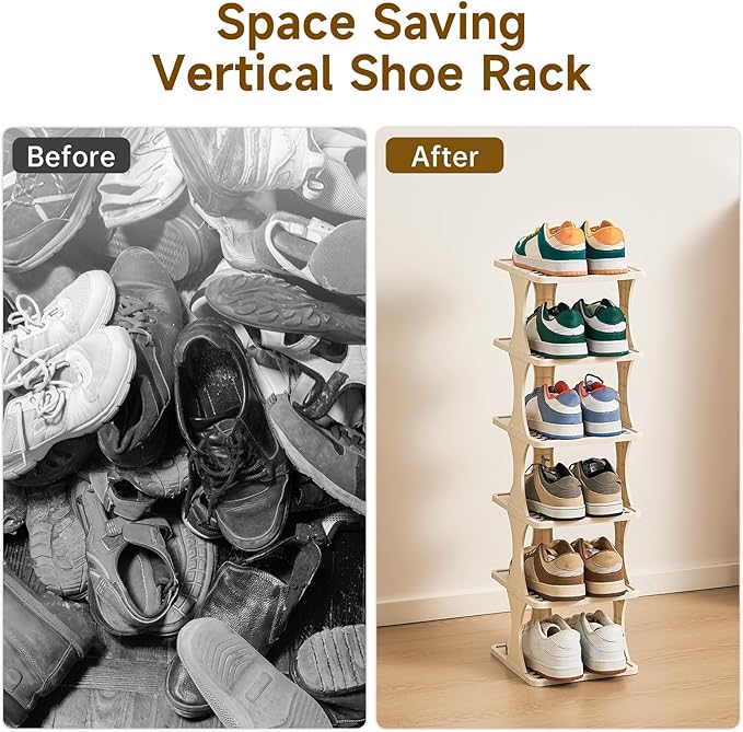 Vertical Shoe Rack 6 Tier Adjustable Shoe Organizer Small Shoe Shelf for Closet, Narrow Entryway, or Bedroom Easy to Assemble and Disassemble Holds Up to 7 Pairs of Shoes (White)