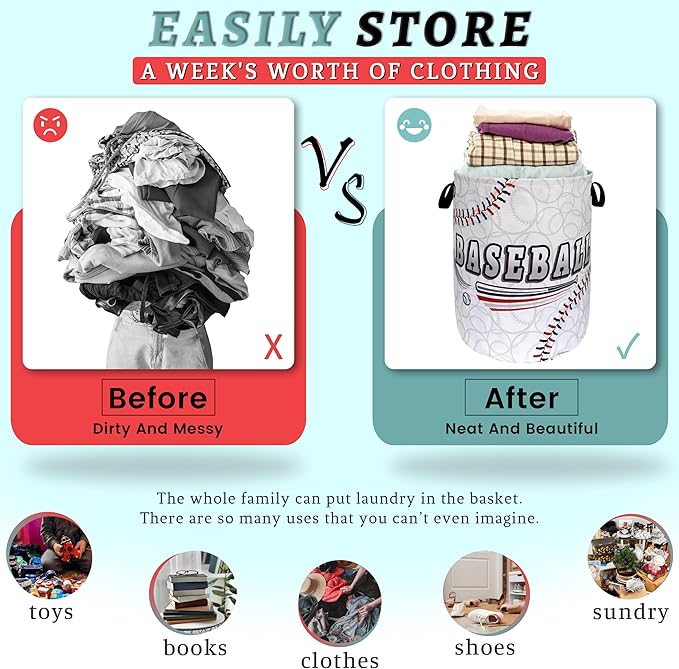 Baseball Laundry Hamper Foldable With Handles Balls Texture Tote Bag Universal Oxford Cloth Funny Laundry Basket Clothes Toy Storage Bucket 18.9" x 16.5" For Bathroom/Laundry/Bedroom