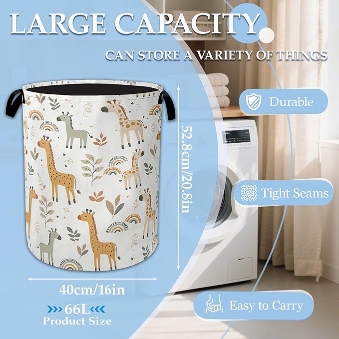 Rainbow Giraffe Laundry Basket Collapsible Laundry Hamper with Handle, Oxford Clothes Toy Storage Bin for Bathroom Bedroom Room Decor, Gift Basket 16" X 20.8"