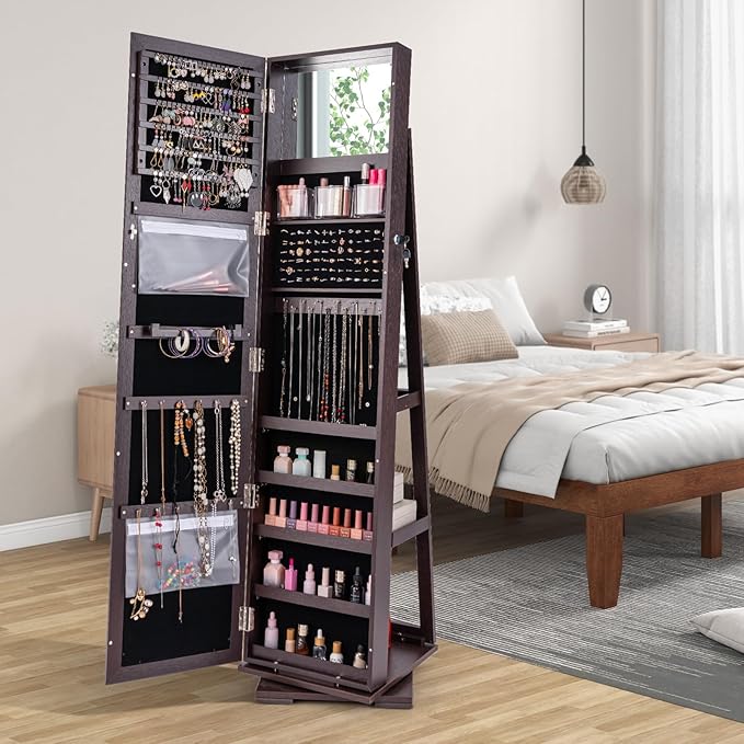CHARMAID 360° Swivel Jewelry Armoire with Full Length Mirror, Standing Lockable Jewelry Cabinet Organizer, Large Storage Capacity, Inside Makeup Mirror, Back Storage Shelves (Espresso)
