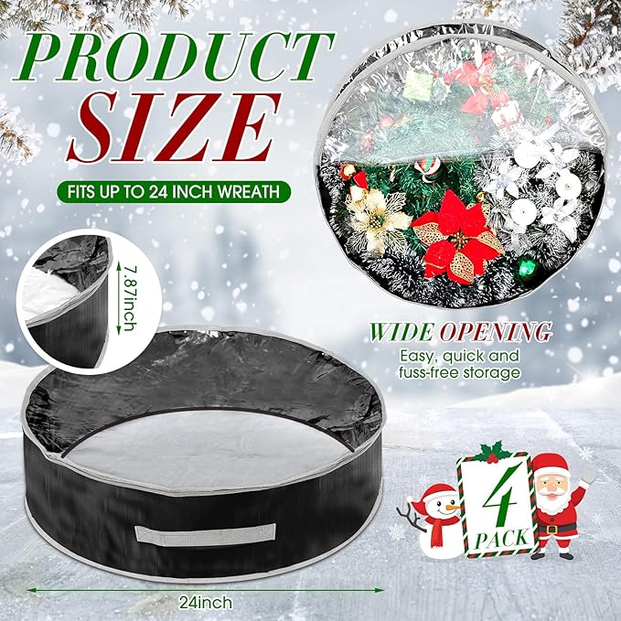 4 Pcs Christmas Wreath Storage Bag, Christmas Garland Storage Container with Clear Window, Zipper & Handle for Xmas Holiday Seasonal Wreath Garland Box(Black,24")