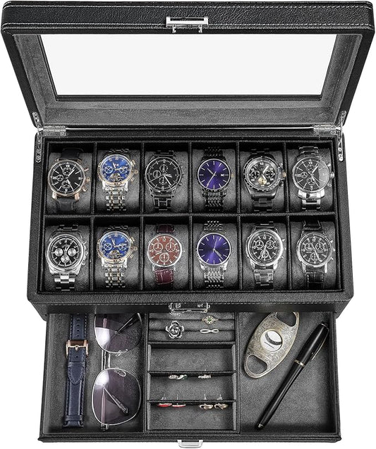 BEWISHOME Watch Box for Men, 12-Slot Watch Case with Drawer, 2-Layer Mens Jewelry Box with Large Glass Lid, Watch Display Case Watch Holder Organizer Watch Storage for Men Women Black, SSH02L