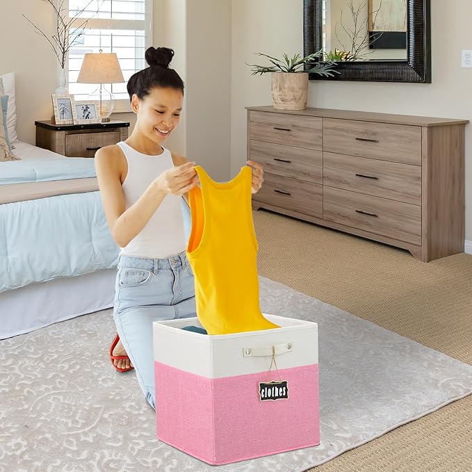 Foldable Fabric Storage Cubes, 11x11x11, 4 Pack with Labels, Linen Kallax Storage Organizer Bins (White, Pink)