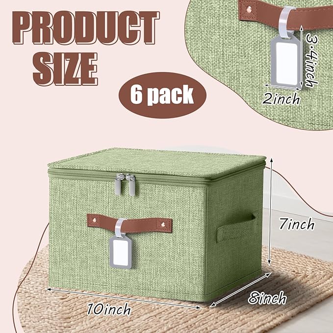6 Pack Fabric Closet Storage Bins with Zipper Lids and Label, 10×8×7In Large Size Foldable Cotton Linen Storage Cubes Boxes with PU Leather Handles Holders for Bedroom, Shelf, Nursery, Green
