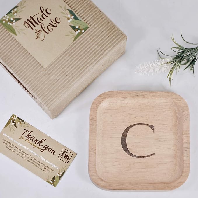 I'm Wooden Personalized Letter Catchall Valet Tray Trinket Dish Jewelry Tray Key Bowl Decorative Plate Organizing Ring Earrings Necklaces Bracelet Watch Coins Wallet Holder (6"x6" Sq Natural C)