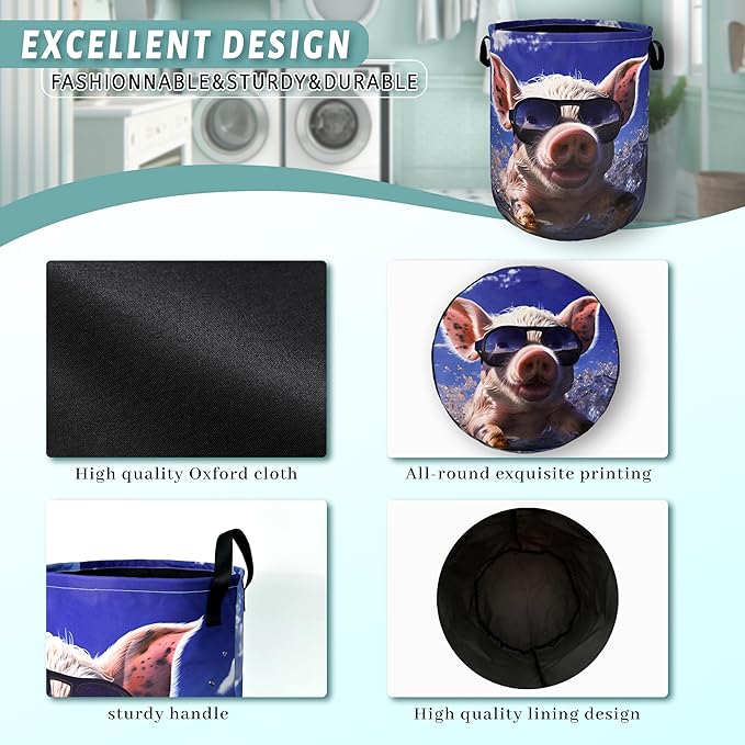 Summer Pig Laundry Hamper Foldable With Handles Cute Animal Tote Bag Oxford Cloth Funny Laundry Basket Clothes Toy Storage Bucket 18.9" x 16.5" For Bathroom/Laundry/Bedroom